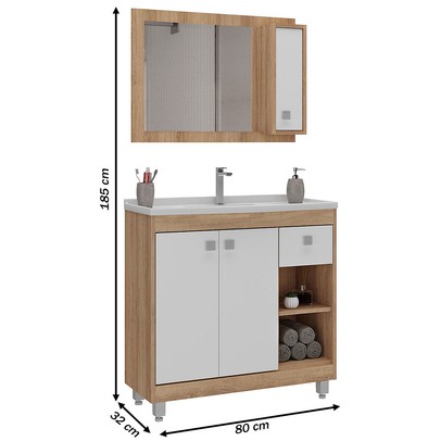 Armário de Banheiro 80 Cm 3 Portas 1 Gaveta com Cuba Castanho/Branco 000118 - Ozini Móveis