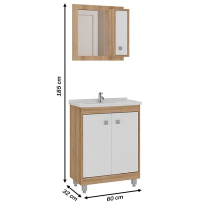 Armário de Banheiro 60 Cm 3 Portas com Cuba Castanho/Branco 00119 - Ozini Móveis