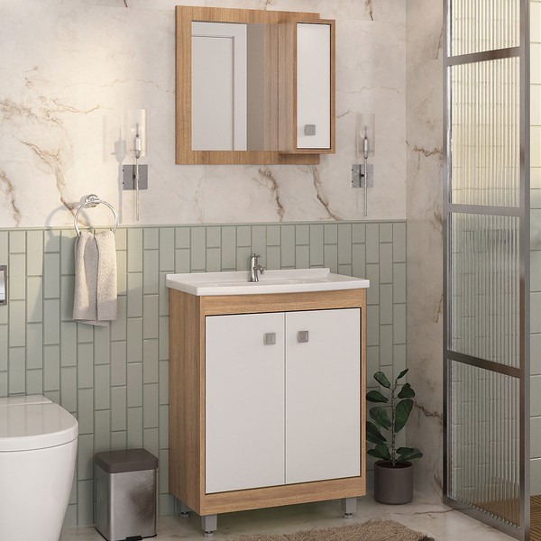 Armário de Banheiro 60 Cm 3 Portas com Cuba Castanho/Branco 00119 - Ozini Móveis