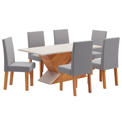 Mesa de Jantar 6 Lugares Adele Mel/Blonde/Veludo Cinza - Viero Móveis