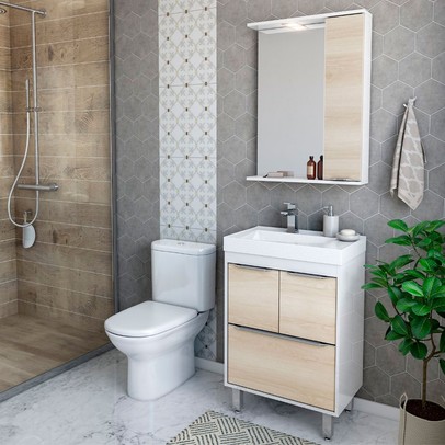 Armário de Banheiro 60 Cm 3 Portas 1 Gaveta com Cuba Branco/Legno Crema 000510 - Ozini Móveis