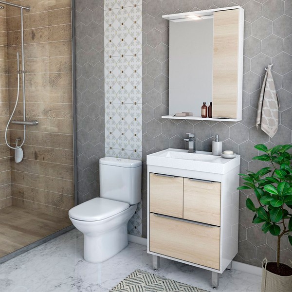 Armário de Banheiro 60 Cm 3 Portas 1 Gaveta com Cuba Branco/Legno Crema 000510 - Ozini Móveis