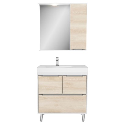Armário de Banheiro 80 Cm 3 Portas 1 Gaveta com Cuba Branco/Legno Crema 000381 - Ozini Móveis