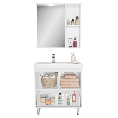 Armário de Banheiro 80 Cm 3 Portas 1 Gaveta com Cuba Branco/Legno Crema 000381 - Ozini Móveis