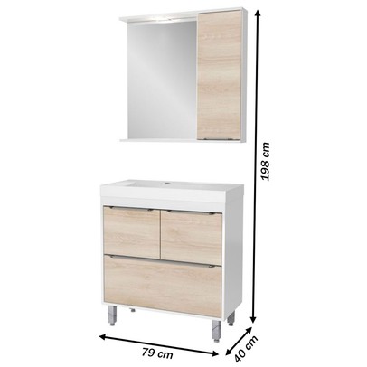 Armário de Banheiro 80 Cm 3 Portas 1 Gaveta com Cuba Branco/Legno Crema 000381 - Ozini Móveis
