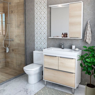 Armário de Banheiro 80 Cm 3 Portas 1 Gaveta com Cuba Branco/Legno Crema 000381 - Ozini Móveis