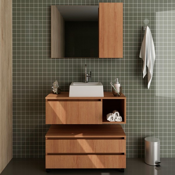 Armário de Banheiro com Cuba 1 Porta 2 Gavetas Amêndoa Bn3616 - Tecno Mobili