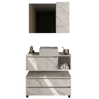 Armário de Banheiro com Cuba 1 Porta 2 Gavetas Mármore Branco Bn3617 - Tecno Mobili