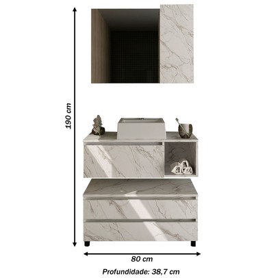 Armário de Banheiro com Cuba 1 Porta 2 Gavetas Mármore Branco Bn3617 - Tecno Mobili