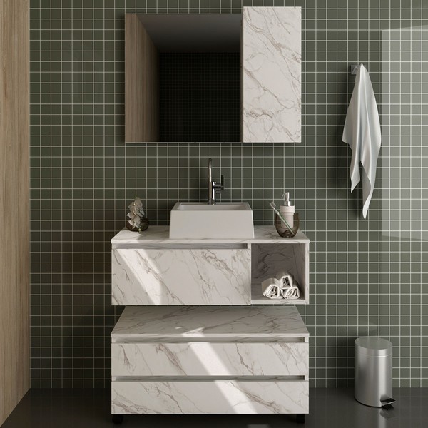 Armário de Banheiro com Cuba 1 Porta 2 Gavetas Mármore Branco Bn3617 - Tecno Mobili