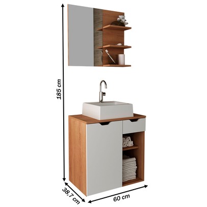 Armário de Banheiro com Cuba 1 Porta 1 Gaveta Amêndoa/Branco Bn3619 - Tecno Mobili