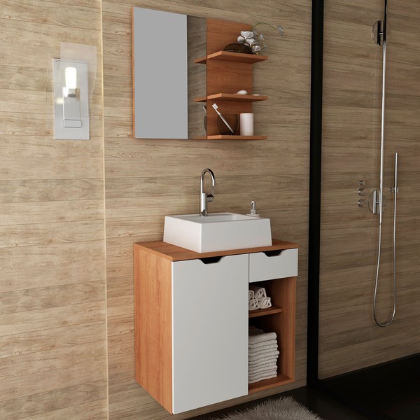 Armário de Banheiro com Cuba 1 Porta 1 Gaveta Amêndoa/Branco Bn3619 - Tecno Mobili