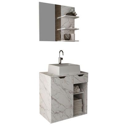 Armário de Banheiro com Cuba 1 Porta 1 Gaveta Mármore Branco Bn3620 - Tecno Mobili