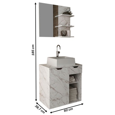 Armário de Banheiro com Cuba 1 Porta 1 Gaveta Mármore Branco Bn3620 - Tecno Mobili