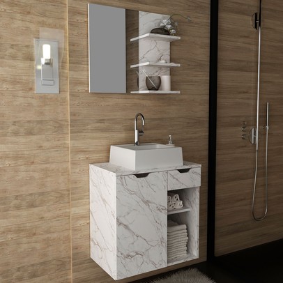Armário de Banheiro com Cuba 1 Porta 1 Gaveta Mármore Branco Bn3620 - Tecno Mobili