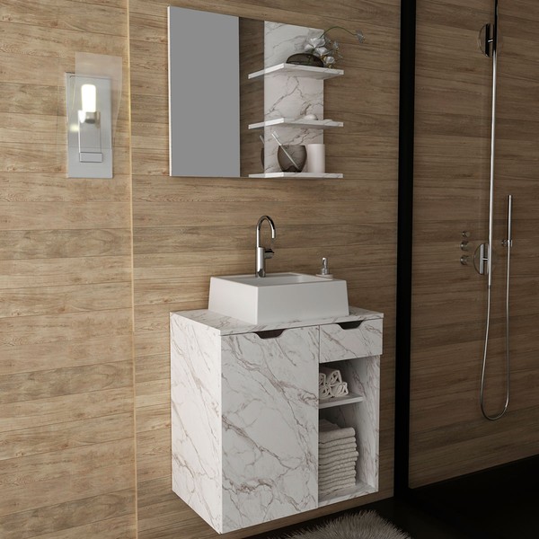 Armário de Banheiro com Cuba 1 Porta 1 Gaveta Mármore Branco Bn3620 - Tecno Mobili