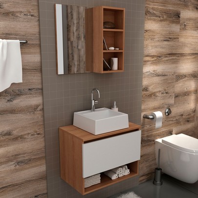 Armário de Banheiro com Cuba 1 Porta Amêndoa/Branco Bn3622 - Tecno Mobili