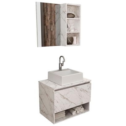 Armário de Banheiro com Cuba 1 Porta Mármore Branco Bn3623 - Tecno Mobili