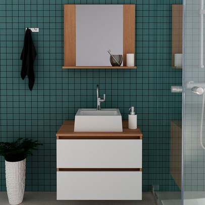 Armário de Banheiro com Cuba 2 Gavetas Amêndoa/Branco Bn3625 - Tecno Mobili