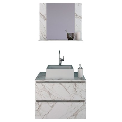 Armário de Banheiro com Cuba 2 Gavetas Mármore Branco Bn3627 - Tecno Mobili