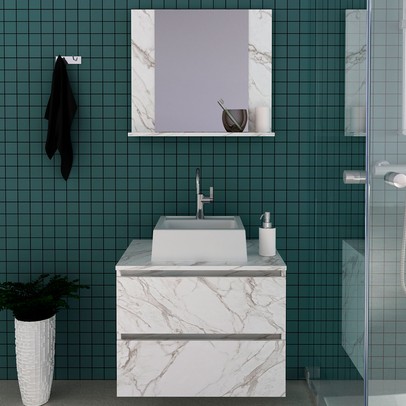 Armário de Banheiro com Cuba 2 Gavetas Mármore Branco Bn3627 - Tecno Mobili