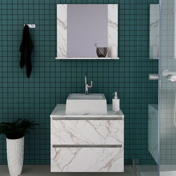 Armário de Banheiro com Cuba 2 Gavetas Mármore Branco Bn3627 - Tecno Mobili