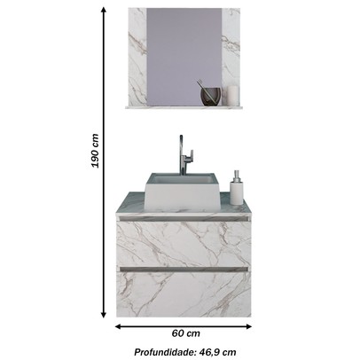 Armário de Banheiro com Cuba 2 Gavetas Mármore Branco Bn3627 - Tecno Mobili