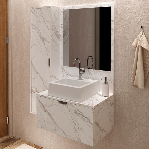 Armário de Banheiro com Cuba 2 Portas Mármore Branco Bn3629 - Tecno Mobili