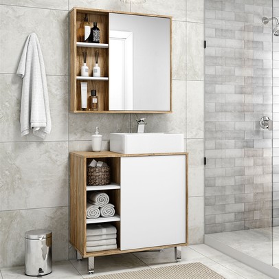 Armário de Banheiro 80 Cm 2 Portas com Cuba Cartagena/Branco 001130 - Ozini Móveis