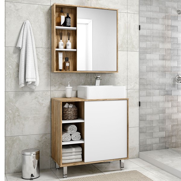 Armário de Banheiro 80 Cm 2 Portas com Cuba Cartagena/Branco 001131 - Ozini Móveis