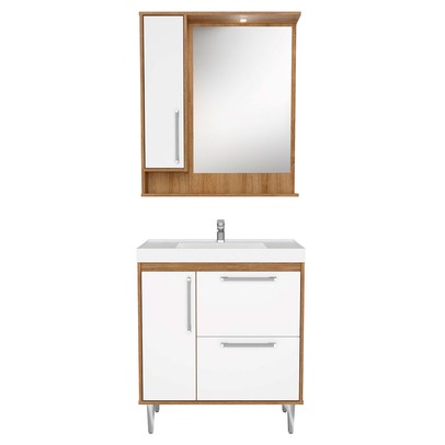 Armário de Banheiro 80 Cm 3 Portas 1 Gaveta com Cuba Mel/Branco 001208 - Ozini Móveis