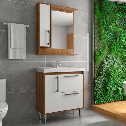 Armário de Banheiro 80 Cm 3 Portas 1 Gaveta com Cuba Mel/Branco 001208 - Ozini Móveis