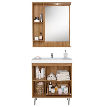 Armário de Banheiro 80 Cm 3 Portas 1 Gaveta com Cuba Mel/Branco 001208 - Ozini Móveis