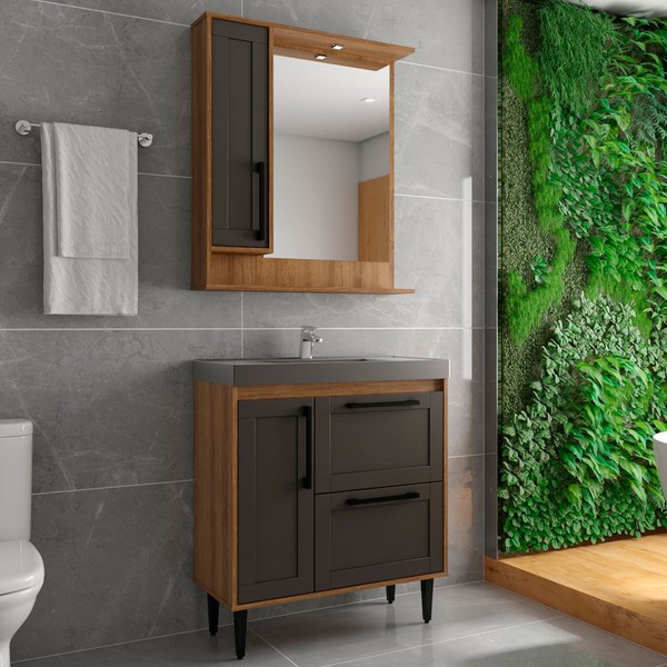 Armário de Banheiro 80 Cm 3 Portas 1 Gaveta com Cuba Grafite/Mel 001201 - Ozini Móveis