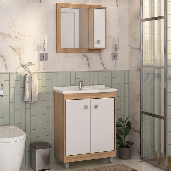 Armário de Banheiro 60 Cm 3 Portas com Cuba Castanho/Branco 001340 - Ozini Móveis