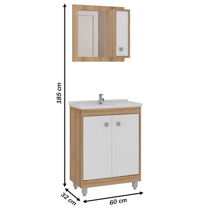 Armário de Banheiro 60 Cm 3 Portas com Cuba Castanho/Branco 001340 - Ozini Móveis