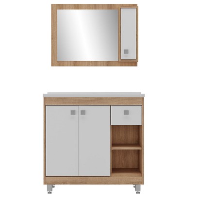 Armário de Banheiro 80 Cm 3 Portas 1 Gaveta com Cuba Castanho/Branco 001341 - Ozini Móveis