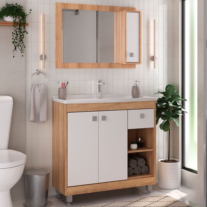 Armário de Banheiro 80 Cm 3 Portas 1 Gaveta com Cuba Castanho/Branco 001341 - Ozini Móveis