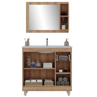 Armário de Banheiro 80 Cm 3 Portas 1 Gaveta com Cuba Castanho/Branco 001341 - Ozini Móveis