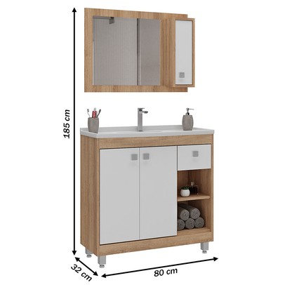 Armário de Banheiro 80 Cm 3 Portas 1 Gaveta com Cuba Castanho/Branco 001341 - Ozini Móveis