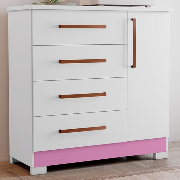 Cômoda 1 Porta 4 Gavetas Flex Branco New/Rosa Nt5185 - Notável Móveis