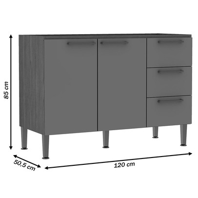 Balcão de Cozinha 2 Portas 3 Gavetas Ebano Fosco/Off White Fosco 1303m - Genialflex