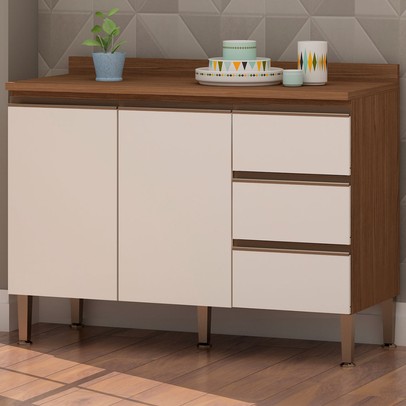 Balcão de Cozinha 2 Portas 3 Gavetas Ebano Fosco/Off White Fosco 1303m - Genialflex