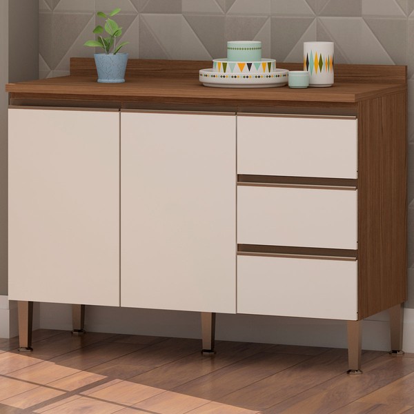 Balcão de Cozinha 2 Portas 3 Gavetas Ebano Fosco/Off White Fosco 1303m - Genialflex