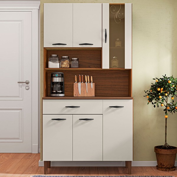 Armário de Cozinha Golden 6 Portas 1 Gaveta com Vidro Nogueira/Off White - Kits Paraná