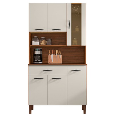 Armário de Cozinha Golden 6 Portas 1 Gaveta com Vidro Nogueira/Off White - Kits Paraná