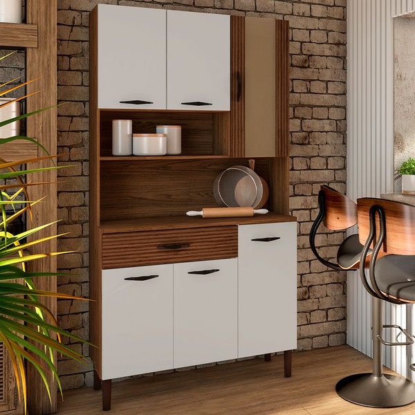 Armário de Cozinha Golden 6 Portas 1 Gaveta com Vidro Ripado 3d Nogueira/Off White - Kits Paraná