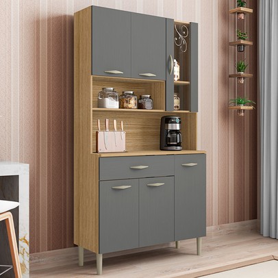 Armário de Cozinha Golden 6 Portas 1 Gaveta com Vidro Freijó/Gris - Kits Paraná