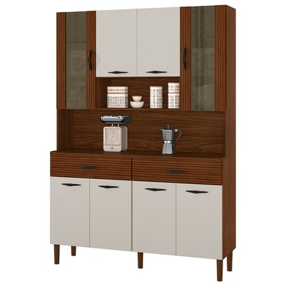 Armário de Cozinha Golden 8 Portas 2 Gavetas com Vidro Ripado 3d Nogueira/Off White - Kits Paraná