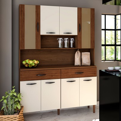 Armário de Cozinha Golden 8 Portas 2 Gavetas com Vidro Ripado 3d Nogueira/Off White - Kits Paraná
